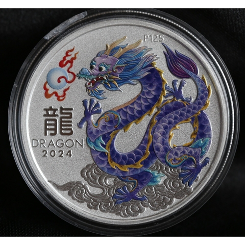 One Ounce Fine 999 Silver Australian One Dollar Commemorative Coin 'Year of the Dragon 2024' Lunar Series III, Colorized Queen Elizabeth II 1952-2022, Encapsulated