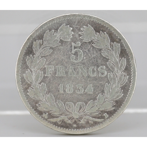 32 - Silver French 5 Francs Coin King Louis Philippe I 1834, 90% Silver 25g