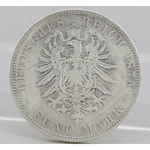 33 - Silver German States 5 Mark Coin Imperial Eagle of the German Empire 1876, 90% Silver 28.1g