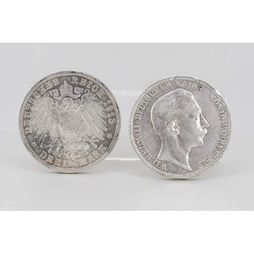 34 - Silver German Empire 3 Mark Coin Wilhelm II 1913, 90% Silver and Silver German Empire 3 Mark Imperia... 