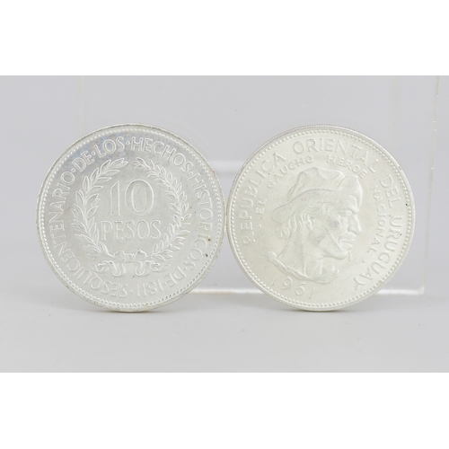 35 - Two Silver Uruguay 10 Pesos Coins 'El Gaucho H�roe Nacional' 1961, 90% Silver 25.5g