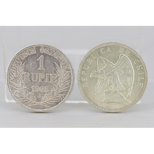 36 - Silver Chile 1 Peso Coin Condor 1910, 90% Silver and Silver German East Africa 1 Rupie Coin Wilhelm ... 