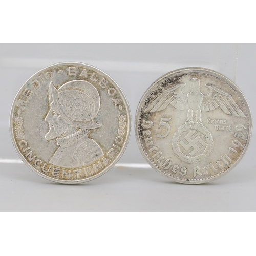 37 - Silver German 5 Reixhsmark Coin 1939, 90% Silver and Silver Panama Half Balboa Coin 1953, 90% Silver... 
