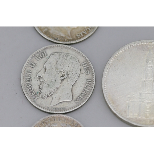 38 - Silver German 5 Reichsmark Coin 1934 - 90 % Silver, Silver Belgian 1 Franc Coin 1886 - 83.5% Silver ... 