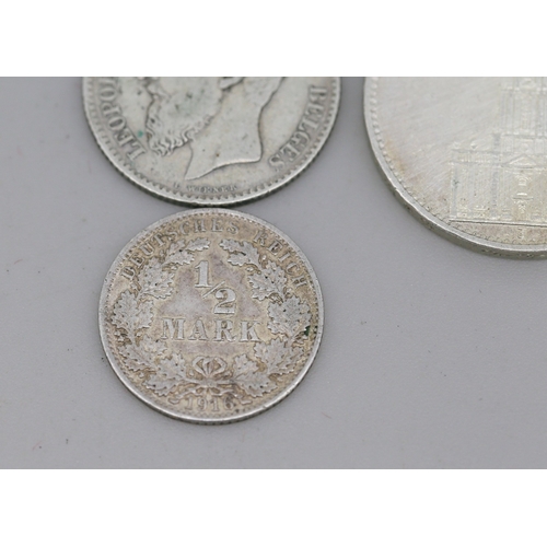38 - Silver German 5 Reichsmark Coin 1934 - 90 % Silver, Silver Belgian 1 Franc Coin 1886 - 83.5% Silver ... 
