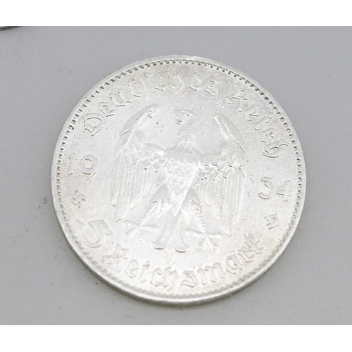 38 - Silver German 5 Reichsmark Coin 1934 - 90 % Silver, Silver Belgian 1 Franc Coin 1886 - 83.5% Silver ... 