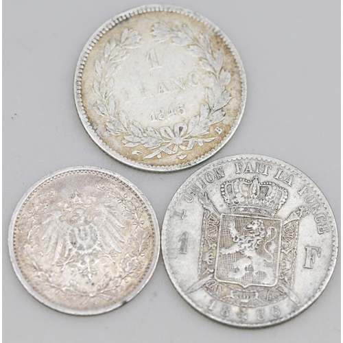 38 - Silver German 5 Reichsmark Coin 1934 - 90 % Silver, Silver Belgian 1 Franc Coin 1886 - 83.5% Silver ... 