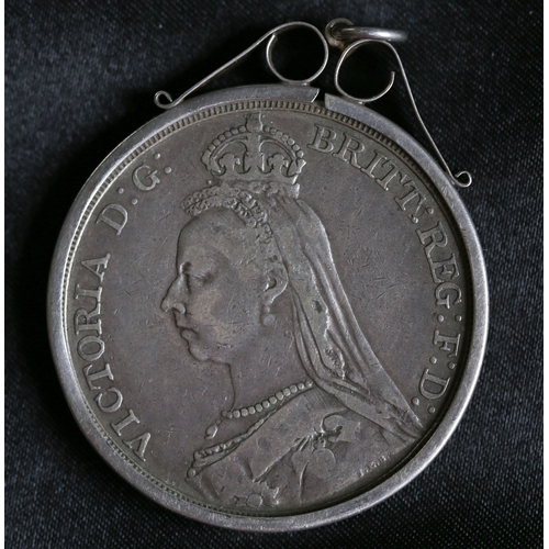 5 - Sterling Silver British Crown Coin Queen Victoria Jubilee Head 1891 with Sterling Silver Mounted Bai... 