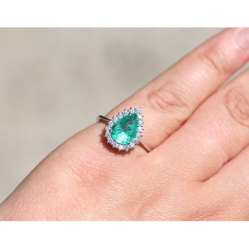 11 - Attractively Detailed, Pear Cut Colombian Emerald Set Ring with Diamond Set Surround, Mounted in 18 ... 