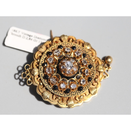 12 - Finely Detailed, Old Cut Diamond Cluster and Onyx Bead Set Vintage Brooch, Greek Key Motifs, Mounted... 