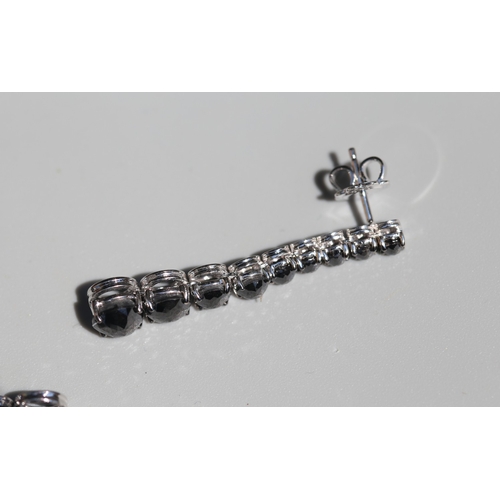 13 - Pair of Finely Detailed, Facet Cut Black Diamond - Nine Stone Graduated Form Drop Earrings, Mounted ... 