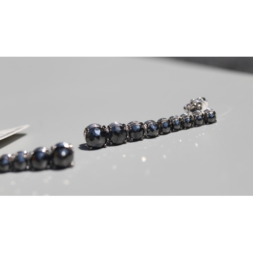 13 - Pair of Finely Detailed, Facet Cut Black Diamond - Nine Stone Graduated Form Drop Earrings, Mounted ... 