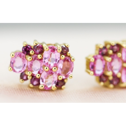 15 - Pair of Pink Sapphire and Tourmaline Set Cluster Earrings, Mounted in 9 Carat Yellow Gold, 1cm High