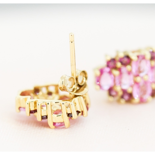 15 - Pair of Pink Sapphire and Tourmaline Set Cluster Earrings, Mounted in 9 Carat Yellow Gold, 1cm High