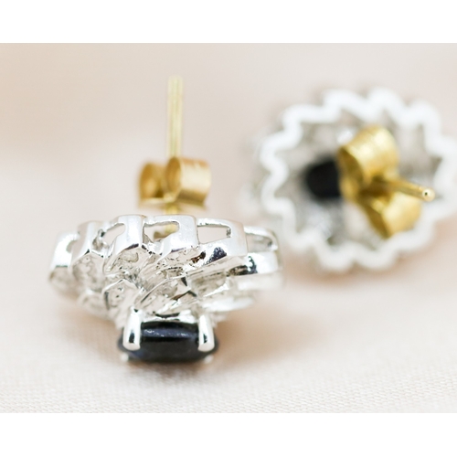 16 - Pair of Finely Detailed Sapphire and Diamond Cluster Set Earrings, Mounted in 9 Carat White and Yell... 