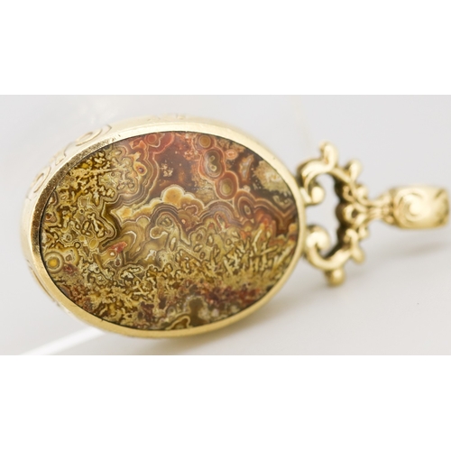 20 - Attractively Detailed, Large Banded Agate and Crazy Lace Agate Set Fob Pendant, Mounted in 9 Carat Y... 