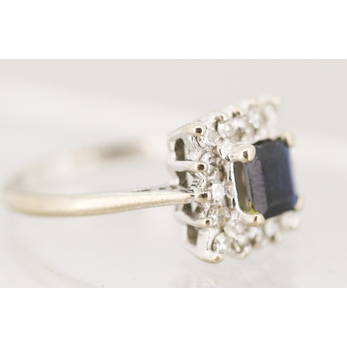 22 - Sapphire Set Ring with Diamond Set Square Halo, Mounted in 18 Carat White Gold, Ring Size N