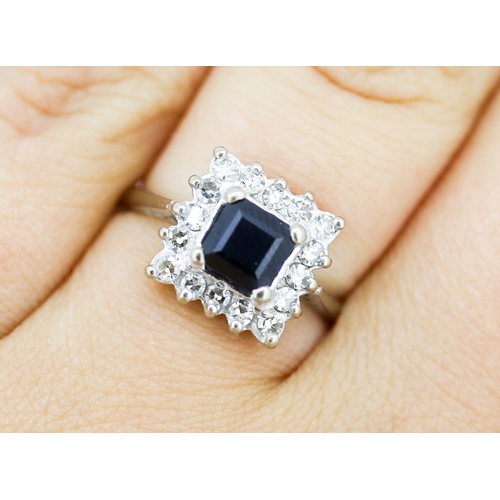 22 - Sapphire Set Ring with Diamond Set Square Halo, Mounted in 18 Carat White Gold, Ring Size N