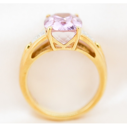 23 - Attractively Detailed, Facet Cut Kunzite Set Ring with Diamond Clusters Set to Shoulders, Mounted in... 