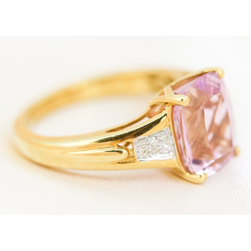 23 - Attractively Detailed, Facet Cut Kunzite Set Ring with Diamond Clusters Set to Shoulders, Mounted in... 