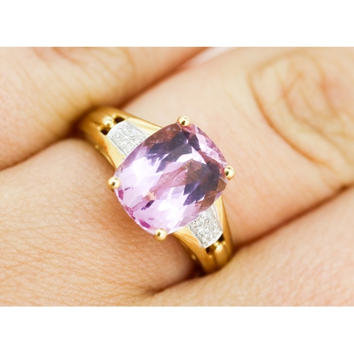 23 - Attractively Detailed, Facet Cut Kunzite Set Ring with Diamond Clusters Set to Shoulders, Mounted in... 