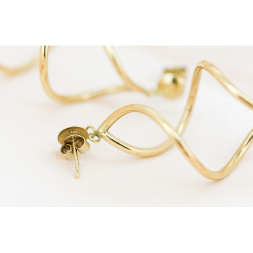 26 - Pair of 9 Carat Yellow Gold Spiral Form Drop Earrings, 5cm Drop