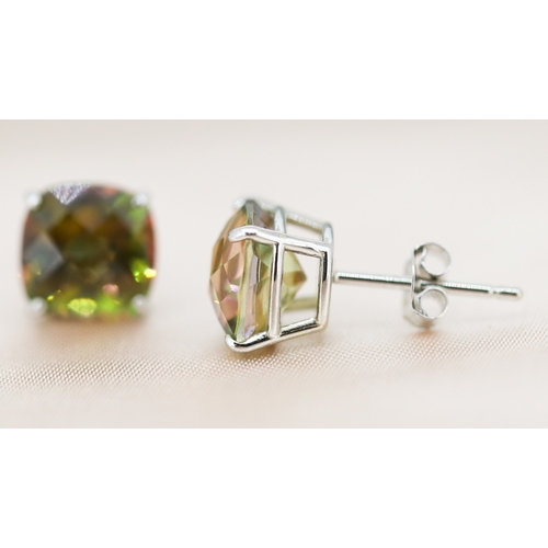 3 - Pair of Facet Cut Mystic Topaz Set Earrings Mounted in 14 Carat White Gold 8mm High