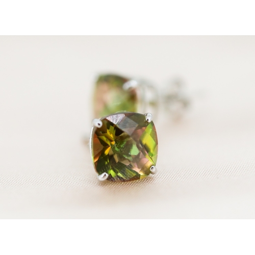 3 - Pair of Facet Cut Mystic Topaz Set Earrings Mounted in 14 Carat White Gold 8mm High