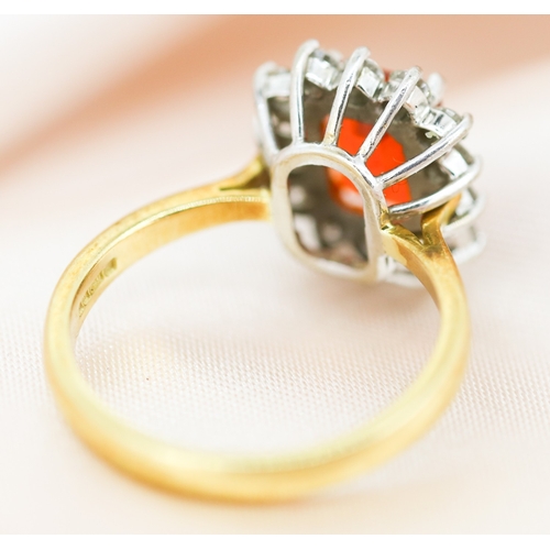 33 - Emerald Cut Fire Opal Set Ring with Moissanite Set Halo, Mounted in 18 Carat Yellow Gold Ring Size L
