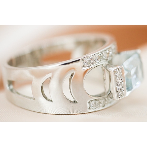34 - Unusual Form, Emerald Cut Aquamarine Set Ring with Diamond Set Surround, Mounted in 18 Carat White G... 