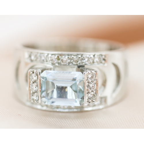 34 - Unusual Form, Emerald Cut Aquamarine Set Ring with Diamond Set Surround, Mounted in 18 Carat White G... 