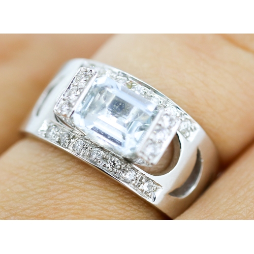 34 - Unusual Form, Emerald Cut Aquamarine Set Ring with Diamond Set Surround, Mounted in 18 Carat White G... 