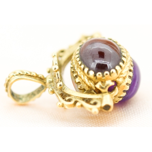 35 - Opal, Amethyst and Garnet Set Swivel Fob Pendant, Mounted in 9 Carat Yellow Gold, 2cm High