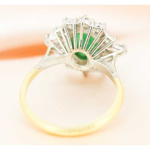 36 - Finely Detailed, Emerald Centre Stone Ring with Ten Round Cut Diamond Set Halo and Further Marquise ... 
