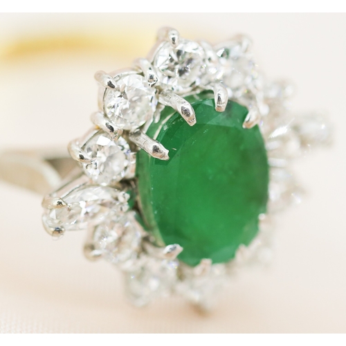 36 - Finely Detailed, Emerald Centre Stone Ring with Ten Round Cut Diamond Set Halo and Further Marquise ... 