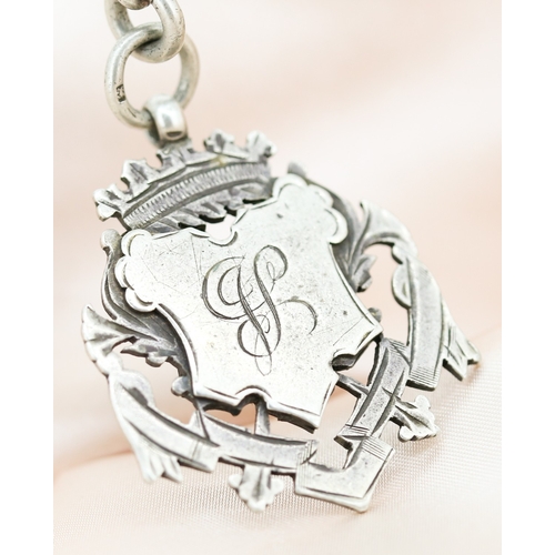 38 - Sterling Silver T-Bar Albert Pocket Watch Chain, Graduated Form with Shield Fob, 35cm Long - Fob 5cm
