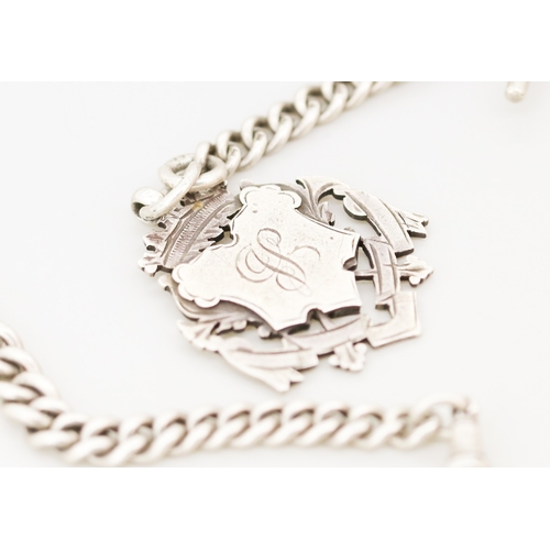 38 - Sterling Silver T-Bar Albert Pocket Watch Chain, Graduated Form with Shield Fob, 35cm Long - Fob 5cm