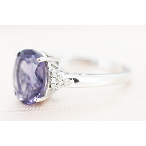 4 - Iolite Set Ring with Six Stone Diamond Clusters Set to Shoulders, Mounted in 9 Carat White Gold, Rin... 