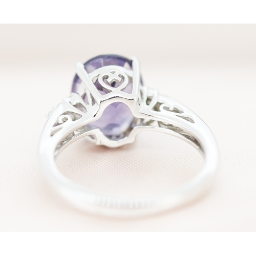 4 - Iolite Set Ring with Six Stone Diamond Clusters Set to Shoulders, Mounted in 9 Carat White Gold, Rin... 
