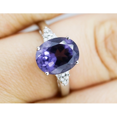 4 - Iolite Set Ring with Six Stone Diamond Clusters Set to Shoulders, Mounted in 9 Carat White Gold, Rin... 