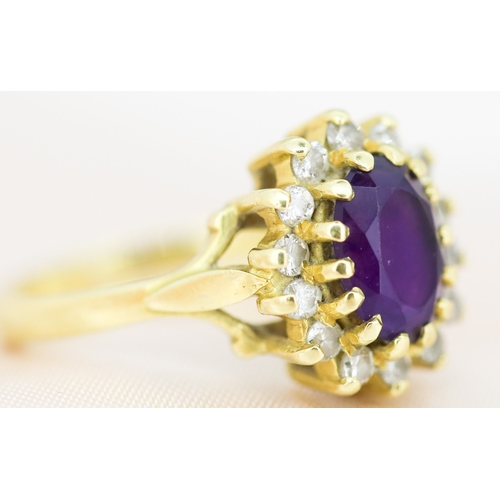 41 - Amethyst Set Ring with Diamond Set Halo Surround, Mounted in 18 Carat Yellow Gold, Ring Size K