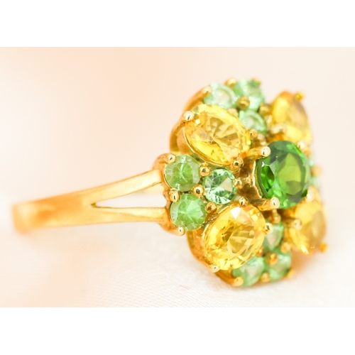 47 - Finely Detailed Yellow Sapphire and Green Tsavorite Garnet Set Cluster Ring, Mounted in 9 Carat Yell... 