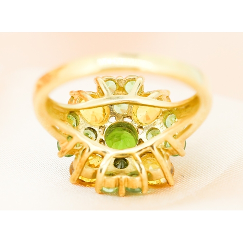 47 - Finely Detailed Yellow Sapphire and Green Tsavorite Garnet Set Cluster Ring, Mounted in 9 Carat Yell... 