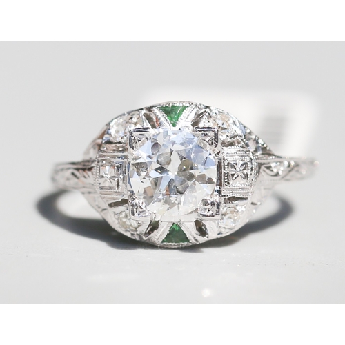 52 - Finely Detailed, Antique Diamond Centre Stone Ring with Diamond Set Surround and Further Emerald Ins... 