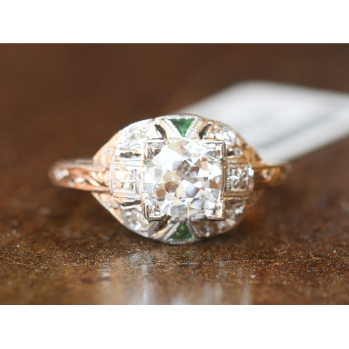 52 - Finely Detailed, Antique Diamond Centre Stone Ring with Diamond Set Surround and Further Emerald Ins... 