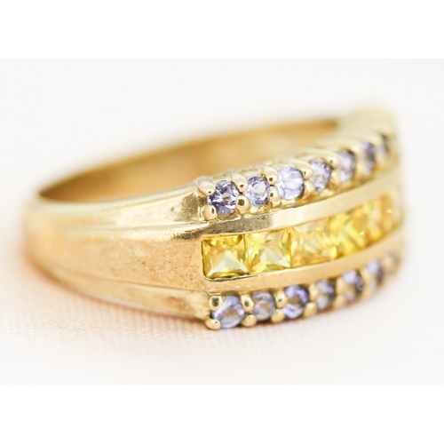 7 - Princess Cut Citrine and Pale Tanzanite Set Three Row Ring Mounted in 9 Carat Yellow Gold, Ring Size... 