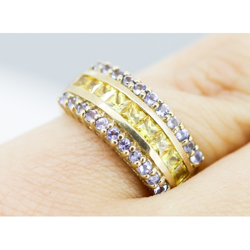 7 - Princess Cut Citrine and Pale Tanzanite Set Three Row Ring Mounted in 9 Carat Yellow Gold, Ring Size... 