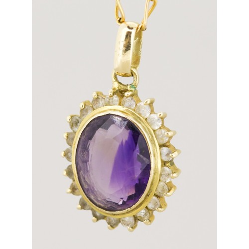 58 - Amethyst Set Pendant with White Sapphire Halo Surround Mounted in 14 Carat Yellow Gold 2cm Set on 14... 