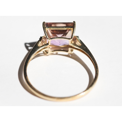1 - Ametrine Set Ring with Diamond Insets to Shoulders, Mounted in 10 Carat Yellow Gold, Ring Size U