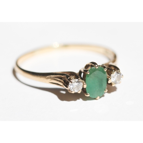 17 - Emerald and Diamond Set Three Stone Ring, Mounted in 9 Carat Yellow Gold, Ring Size P